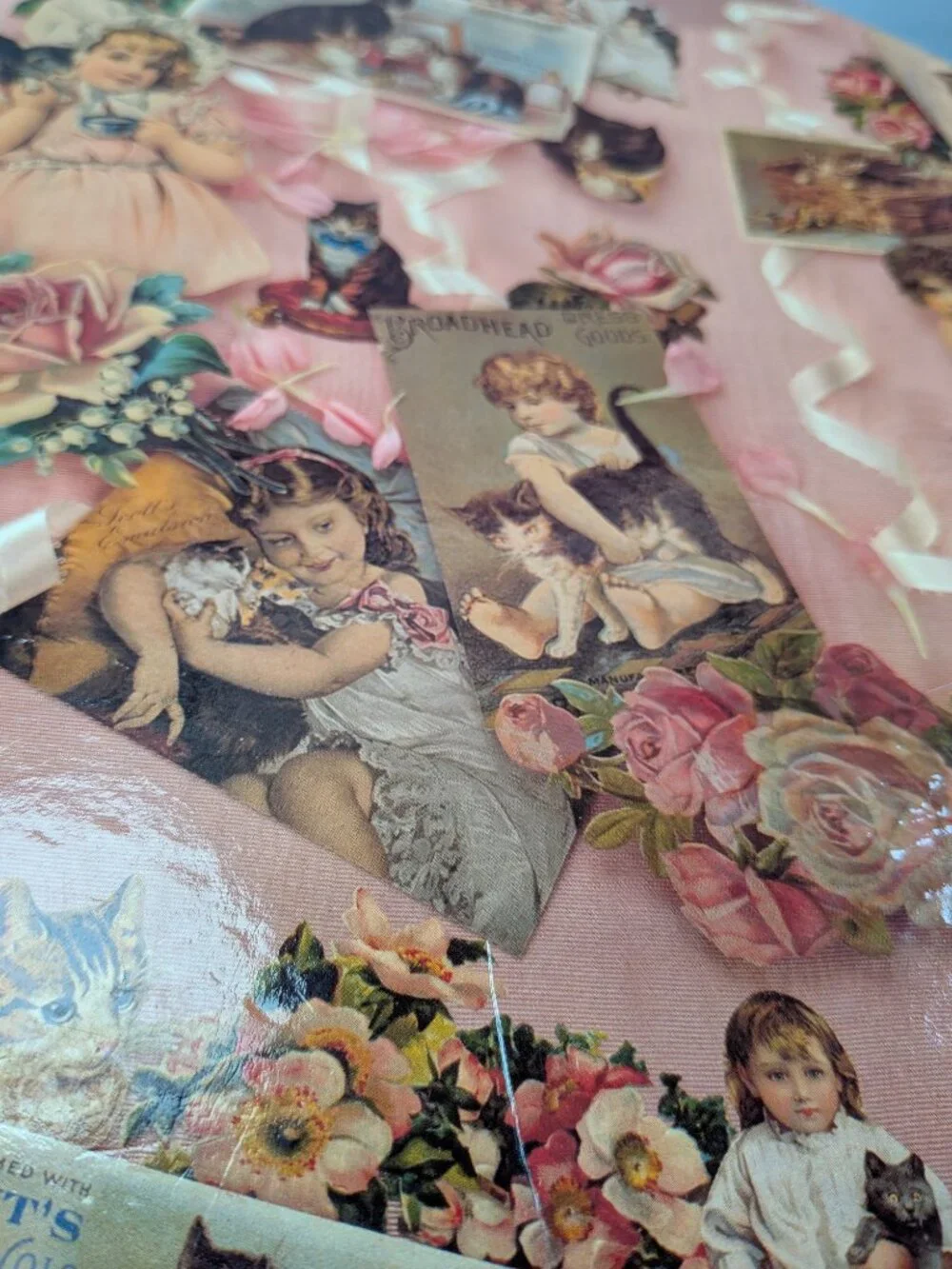 Vintage Victorian Cat Trade Card Collage Hat Box Pink Kittens Storage Case 14